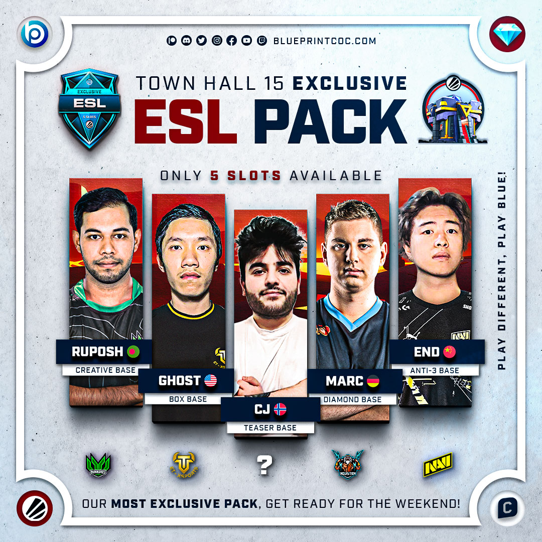 💎┋Our Most Exclusive Pack is here!

🛠┋5 TH15 ESL Top quality bases ready for every eSports challenge, by

<a href="/Ruposh_Rahman/">Ruposh</a> 
<a href="/GhstCoC/">Gh⭕️st</a> 
@CJ_Clash101 
@Marc_TGG 
<a href="/end7_coc/">NAVI End</a> 

▶ Remember, it's only🔒5 SLOTS!

⏰┋GET YOURS!