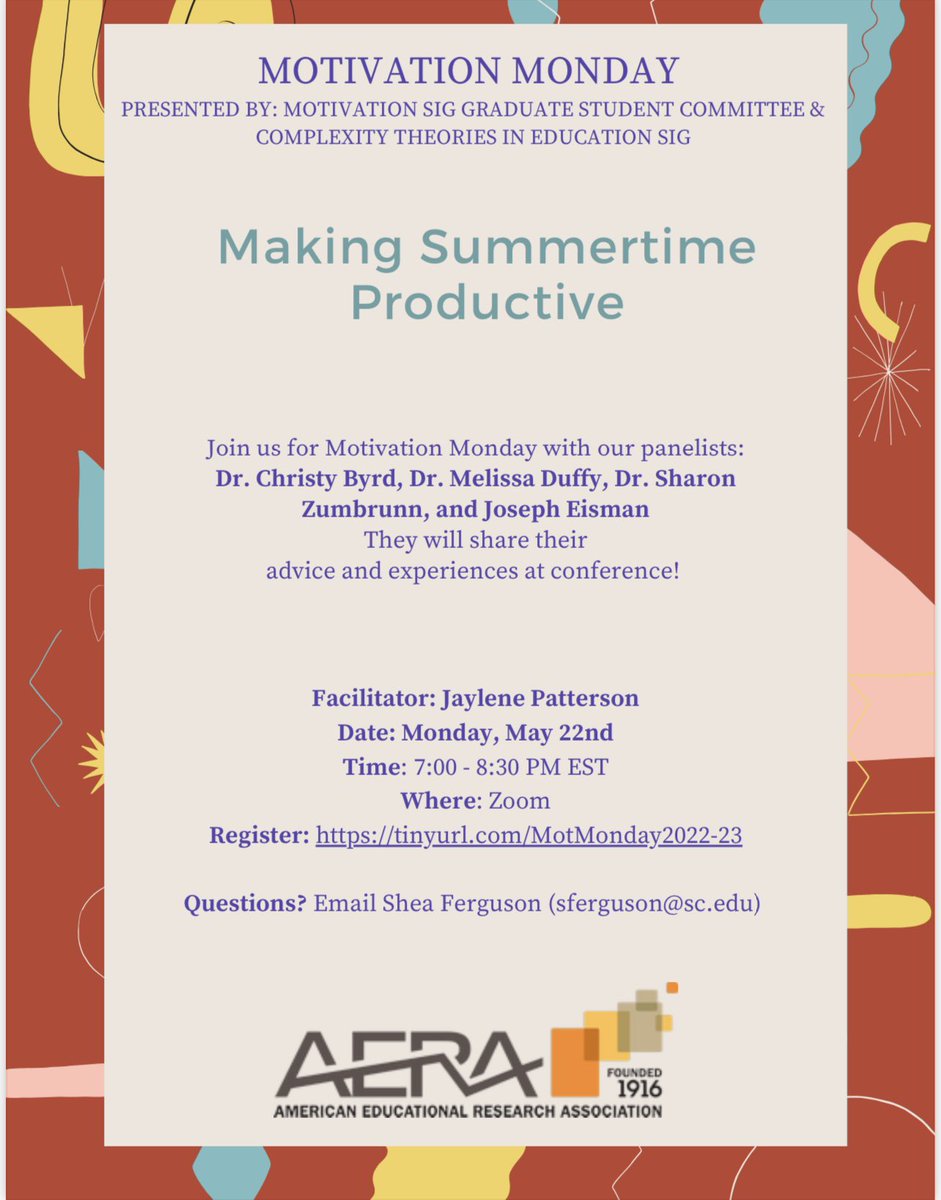 MotSIG_GSC's tweet image. Got summer plans?! ☀️ Join us for Motivation Monday on 5/22 at 7PM EST to talk about how to make the most out of your summer w/ Dr. @ChristyMByrd, Dr. @Melissa_C_Duffy, Dr. @SharonZumbrunn , &amp;amp; @JoeyEisman 🤩

Facilitator: @Jaylene_Patt 

Register: tinyurl.com/MotMonday2022-…