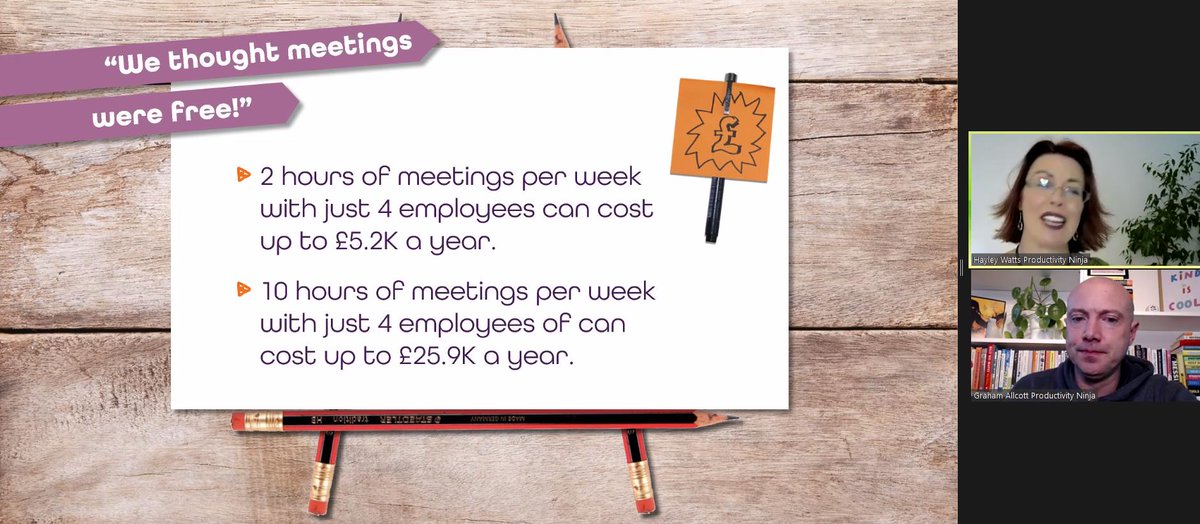 tubblog's tweet image. Listening to @grahamallcott and Hayley Watts of @thinkproductive talk about how to Fix Meetings.

Meetings are *not* free -- in fact, they cost a lot (and *bad* meetings cost event more!)