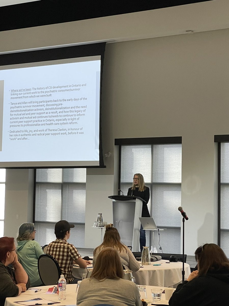 _PeerWorks's tweet photo. Our Annual Conference kicks off with a session by Tanya Shute from @LaurentianU who is speaking about the history of consumer/survivor initiative #peersupportstrong https://t.co/QsXwJK3poT