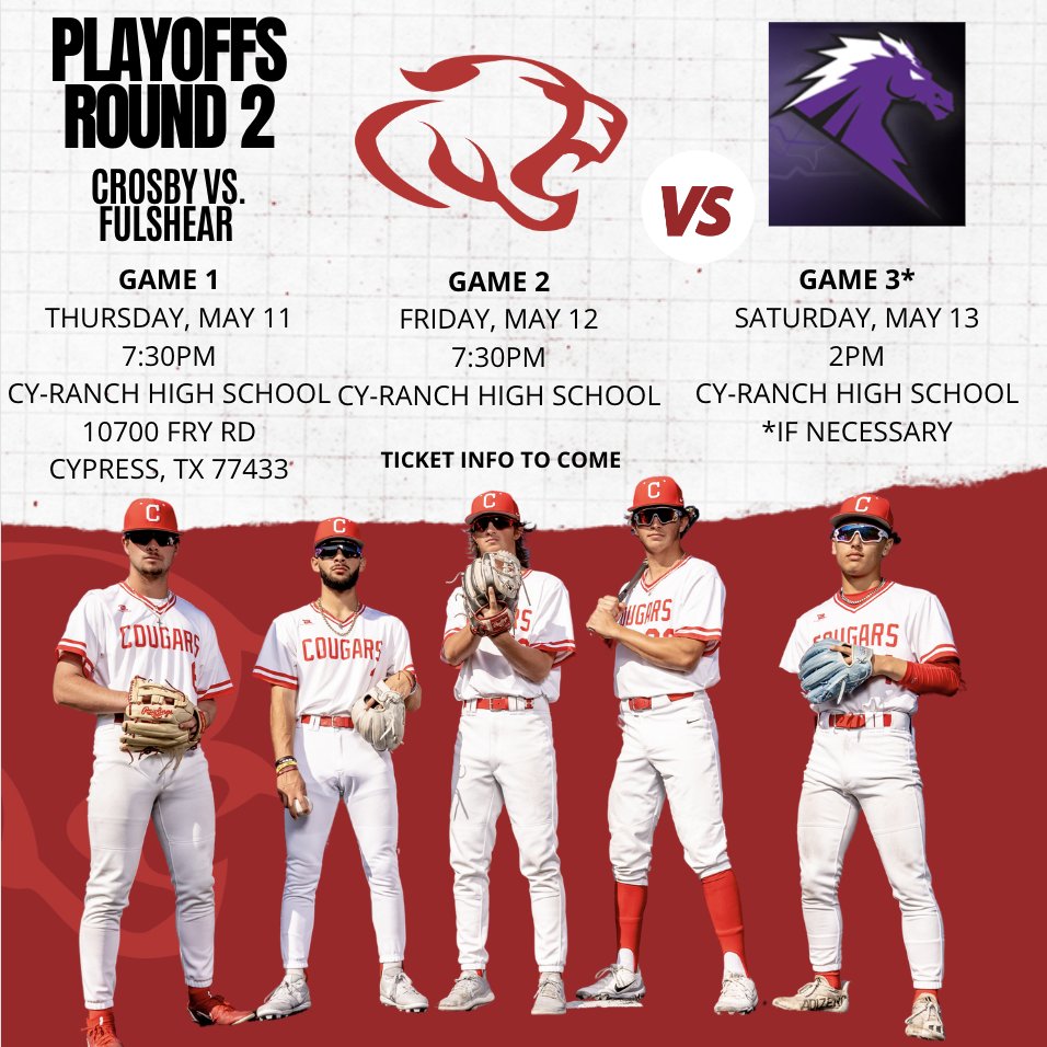 LOCATION AND TIME CHANGE!!

PLAYOFFS ROUND 2! Crosby vs. Fulshear. Game 1 is Thursday, May 11 at Cy-Ranch High School. We will update with ticket information soon. Go Coogs! <a href="/Crosby_Baseball/">Crosby HS Baseball</a> <a href="/CrosbyHigh/">Crosby High School</a> #BetterTogether #txhsbaseball