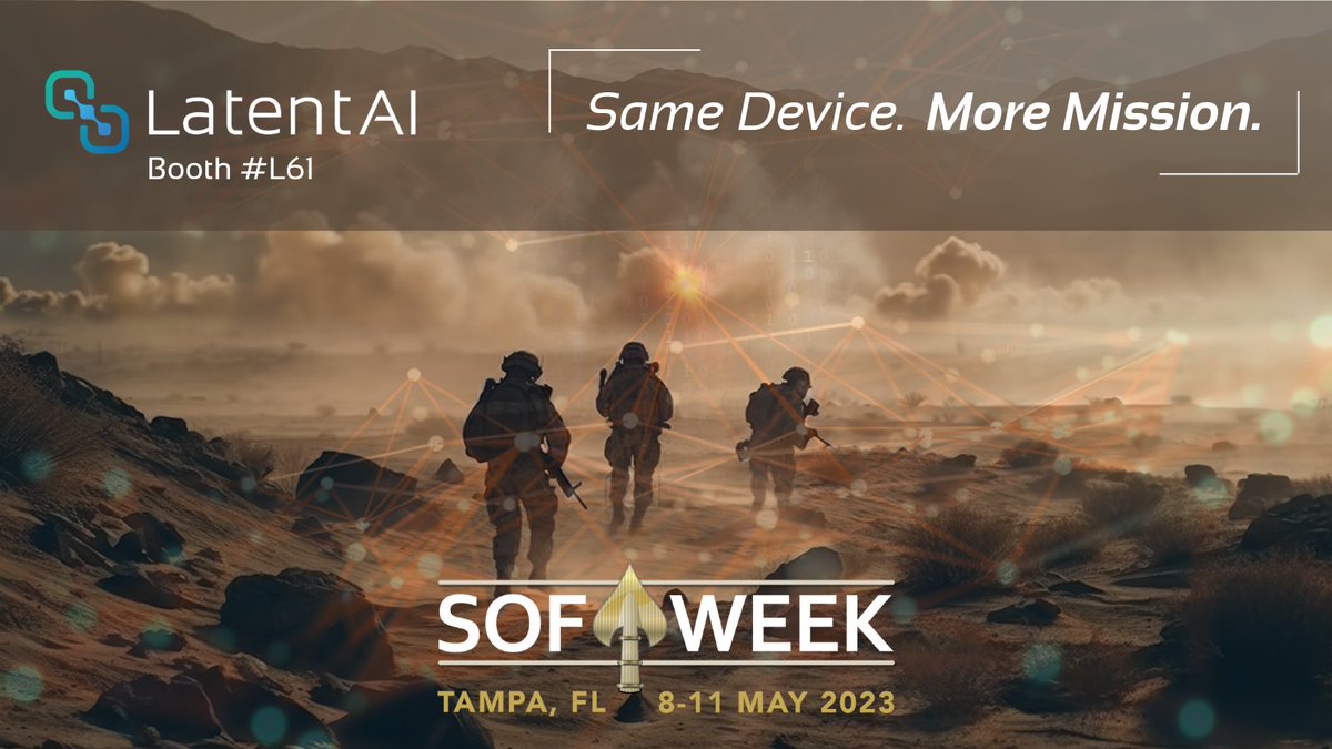 latentai's tweet photo. Day 2 of #SOFWeek!
Visit @javajag at Booth L61 to watch how #LEIP maximizes edge efficiency with more models on the same device.
@GlobalSOF @USSOCOM #MLOps #edgeMLOps https://t.co/0F8QzA318I