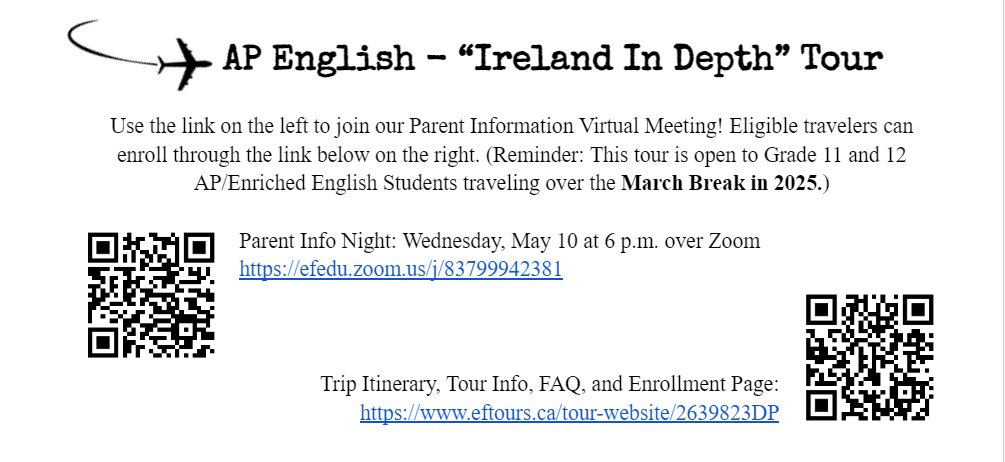 fssenglish's tweet photo. AP English Students currently in Grades 9 and 10: Interested in travelling to Ireland on the March Break '25? Join us tonight for a virtual Parent Information Meeting or speak to an English teacher! 

Links for the Zoom Meeting and Tour Page are below: @FSSprops https://t.co/6RPb89X0n3