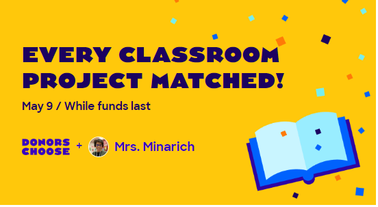 MrsMinarich's tweet photo. Whoo hoo! Today #SonicFoundation is showing Teacher Appreciation by matching donations to every DonorsChoose project! 50% MATCH!!! Thank you @DonorsChoose for already starting my project! https://t.co/QfrF9sVSWX @ChannahonPride https://t.co/Z9JylaOct5