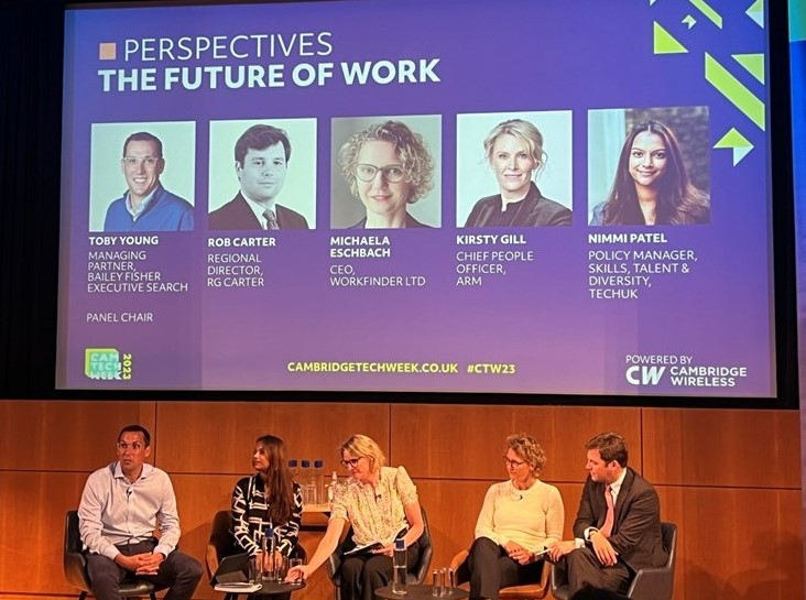 So great to be supporting the inaugural #C@#CTW23 @CamTechWeek @CambWireless - our @mrToby_Young is in expert company chairing #futureofwork panel @nimmiptl @techUK  @Michaela_E40 @Workfinderapp Kirsty Gill @Arm Rob Carter