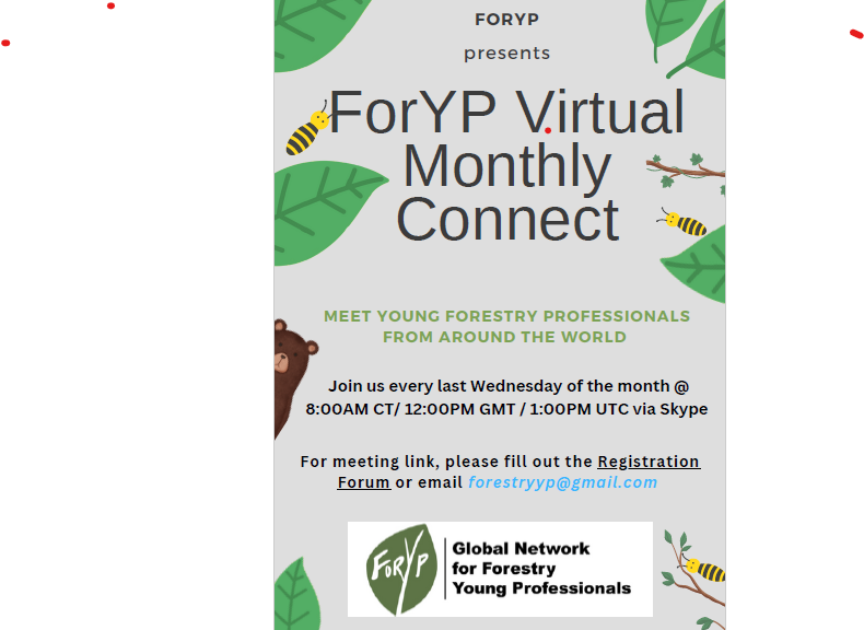 ForYPorg's tweet photo. GOOOD NEWS! The ForYP Virtual Connect is back! Come chat and informally network with peers from around the globe. When: Wednesday, May 31 at 8:00 AM CT/12:00 PM GMT/1:00 PM UTC. Register now via this link (https://t.co/K2EruAg4zI) or send an email to forestryyp@gmail.com. https://t.co/urPaKUqWvA