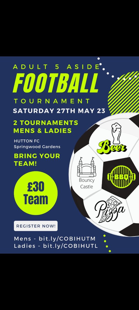 FCHutton's tweet photo. Calling all Mens and Ladies teams, 5 a side tournament at Springwood,  Bar, BBQ , Bouncy Castle for the kids,  Fun day, entry fees donated to Sepsis UK. 
1200 ko. 
Entries via
https://t.co/T32tblXEqY  Mens
https://t.co/XHqZdhq6lT Ladies 

#UptheTon #sepsisuk #5aside #tournament https://t.co/bahaFiQA9T