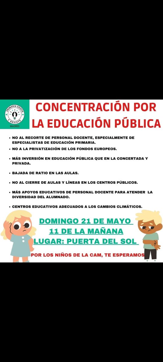 primariaresiste's tweet photo. Falta de personal docente, colegios públicos  sin construir o a la mitad , niños sin recibir los apoyos educativos, dinero público a la privada y concertada dejando a la pública "en pelotas" etc 
Por todo esto y mucho más ⏬⏬⏬💪💪
 POR LOS NIÑOS Y NIÑAS MADRILEÑOS. #YOVOYASOL https://t.co/26xOHt9f7V