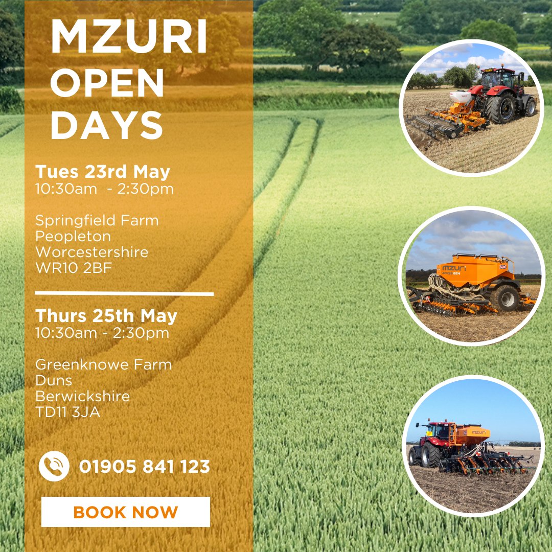 razorbackmowers's tweet photo. The Mzuri Spring Open Days begin on the 23rd May at the trial farm based in Worcester. Visitors will see live demonstrations, established crops and have the chance to speak to existing Mzuri users.
Call 01905 841123 to book your place.
#mzuriuk #openday #arableuk #directdrill https://t.co/nVQ53lPRNI