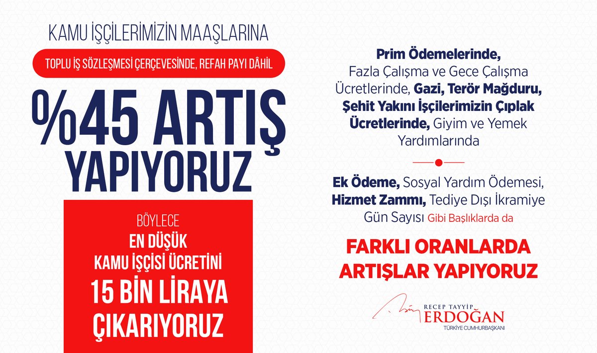 Cumhurbaşkanımız Sn. <a href="/RTErdogan/">Recep Tayyip Erdoğan</a>:
Kamu işçilerimizin ücretlerinde, toplu iş sözleşmesi çerçevesinde, refah payı dâhil %45 artışa gidiyoruz. İşçilerimize ve kurumlarımıza hayırlı olsun.