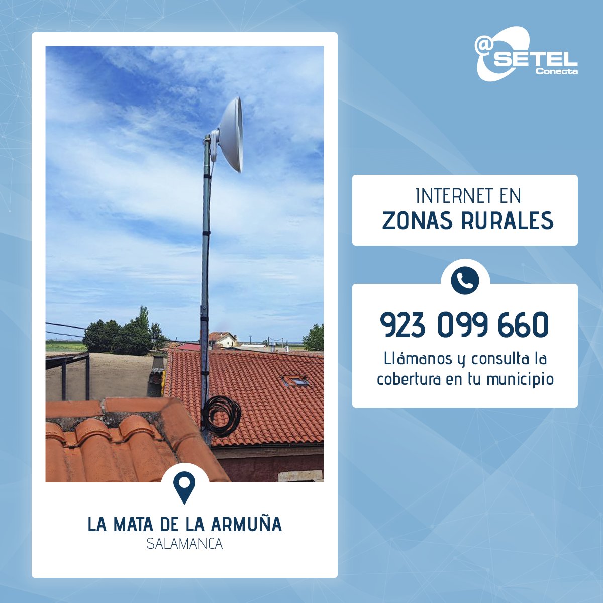 SetelConecta's tweet photo. 📡 ¿Vives en una zona rural y estás pensando en contratar #internet?

Más de 100 municipios rurales salmantinos ya están conectados gracias a #SetelConecta.

Llámanos e infórmate de las ofertas especiales para tu municipio 👉🏻 923 09 96 60

#NosImportasTú #Salamanca #InternetRural https://t.co/WbLmKw7Lp5