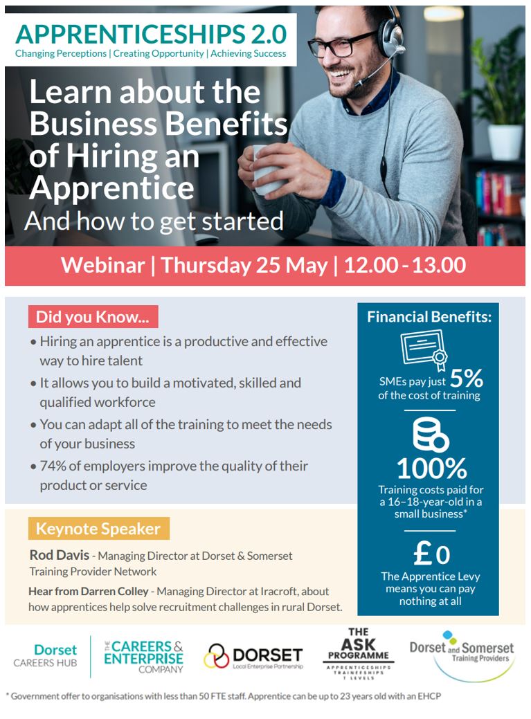 DorsetCEC's tweet photo. ❓ Interested in offering an apprenticeship but not sure where to start?  

Join us, Dorset and Somerset Training Provider Network and local businesses at our Apprenticeships 2.0 webinar to demystify the process

🗓️Thurs 25 May, 12 – 1pm  

Sign up here 👉https://t.co/u46utTVbUv https://t.co/CzwiGtxxNU