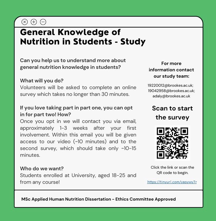 Some MSc students at @OBU_Nutrition are looking for responses to their survey on nutrition knowledge & food choice motivations, & to test a short educational video. Please share among any students aged 18-25, ideally before the summer break! 👉🏽tinyurl.com/yasywy7r