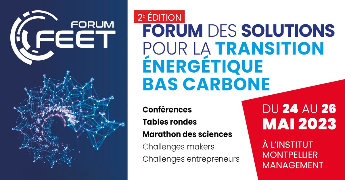 Le Forum des solutions pour la #transition #énergétique bas carbone, organisé notamment par l'@ademe #Occitanie, le @CEA_Officiel, le @BRGM_fr et la Région @Occitanie, se déroulera du 24 au 26 Mai à l'Institut @MtpManagement 
👉Programme et inscription : eventbrite.fr/e/billets-feet…