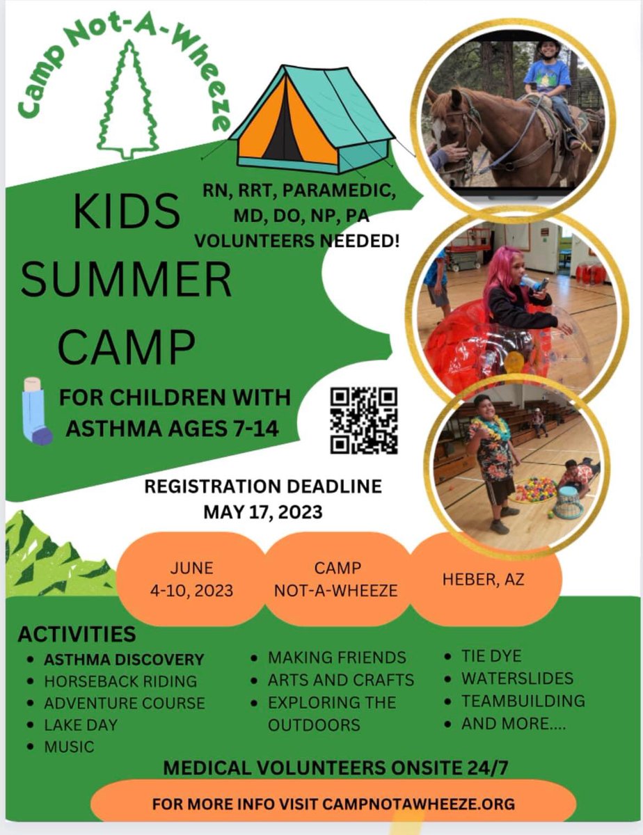 RMe05's tweet photo. Needing a few more #medicalvolunteers! #campers too! #arizona #cnaw #asthmacamp #summercamp #arizona #respiratorytherapist #nurse #medtwitter #paramedic #campnotawheeze https://t.co/D1UPX831zV