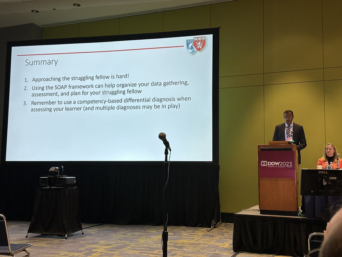 Excellent presentation by @NavinKumarMD at the Academy of Educators Plenary on diagnosing the struggling learner! ♦️Start with the SOAP framework ♦️Use competency-based differential dx ♦️Accurate diagnosis ➡️ excellent feedback #DDW2023 @AmerGastroAssn @BrighamGI @BrighamBEI