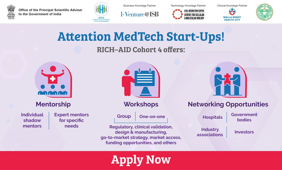 RICH_Hyd's tweet photo. As a member of #RICHAID, you get access to a range of resources to navigate the challenges of the #MedTech industry and take your innovation all the way to market. To be a part of the 4th Cohort, apply now at:
https://t.co/2YIhtd9x4M
Last date for applications is 31st May. https://t.co/lUA7JAok5l