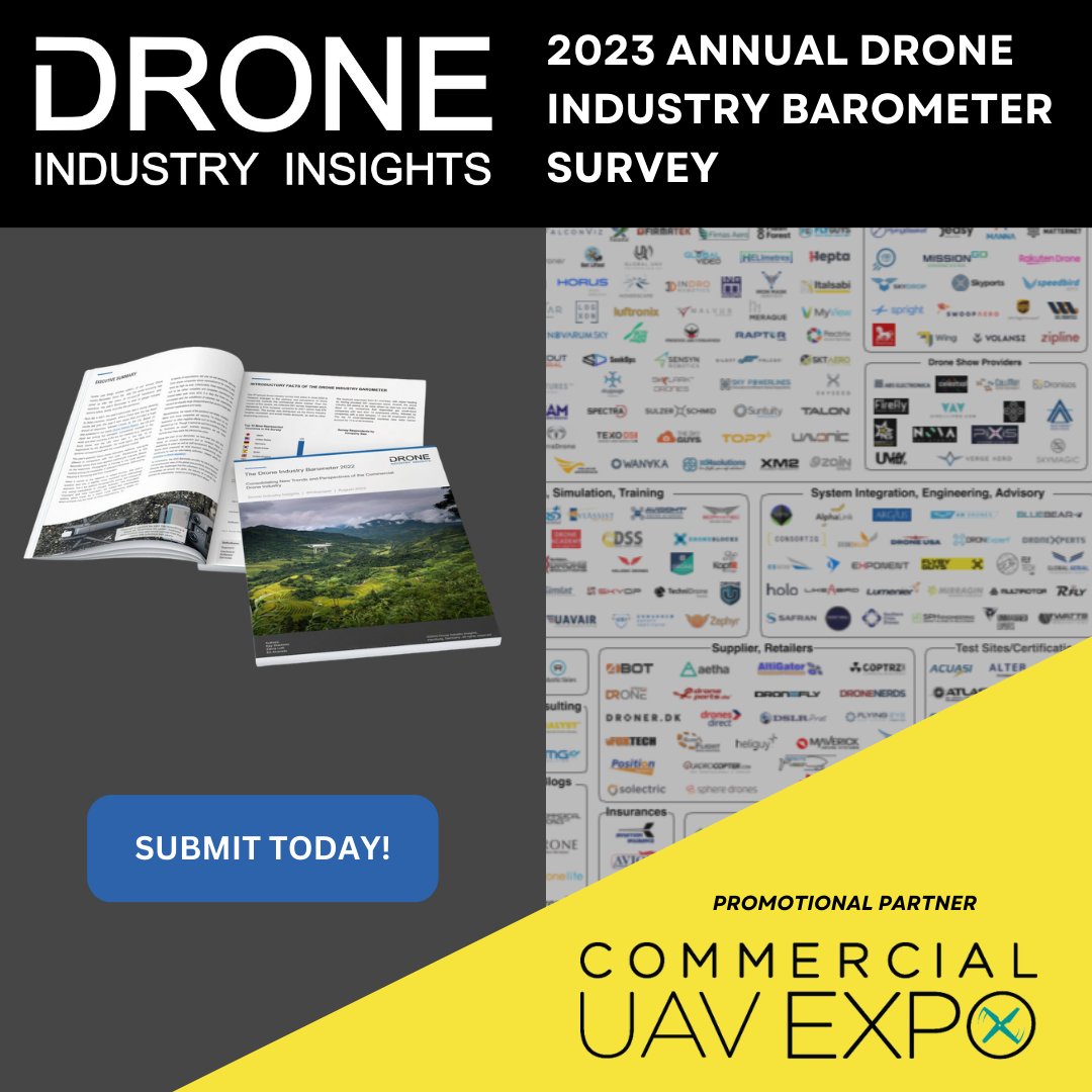 ExpoUAV's tweet photo. Calling all drone professionals! Commercial UAV Expo is a proud Promotional Partner of @droneii 2023 Annual Drone Industry Barometer Survey. Take the survey today and enter for a chance to win a complimentary pass to Commercial UAV Expo and other prizes!
https://t.co/GgWZoKYvkN https://t.co/7GZV6neLla