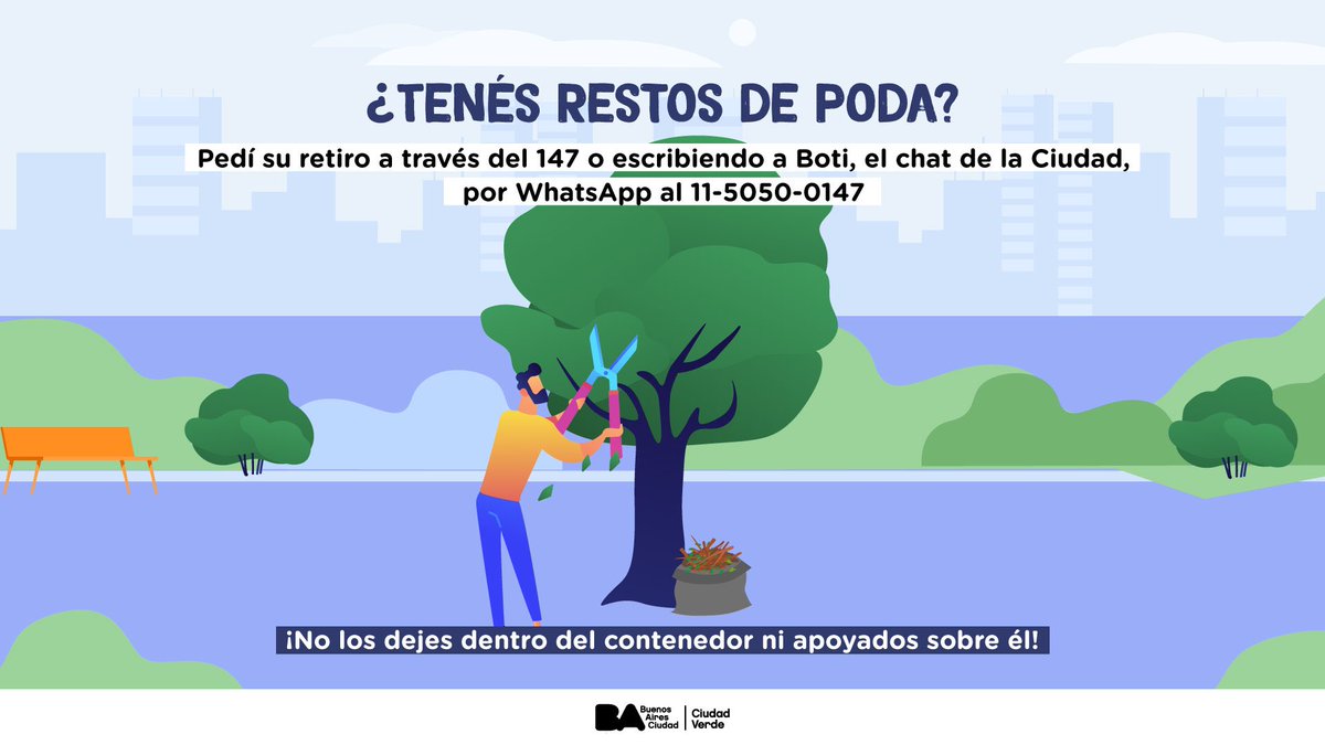 CiudadLimpiaOk's tweet photo. ¿No sabés qué hacer con las ramas que sobraron de tu poda? Acá te dejamos la respuesta👇

✅ Programá su retiro llamando al 147 o escribiendo a Boti, el chat de la Ciudad, por WhatsApp al 11-5050-0147 📱

Sigamos haciendo juntos una Ciudad más limpia y sustentable 🍃 https://t.co/uyhOgzthce
