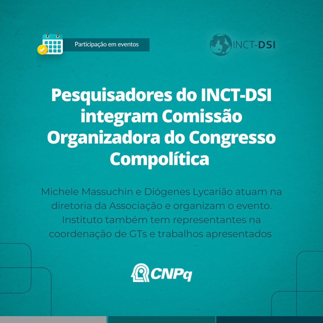 inct_dsi's tweet image. O Congresso Compolítica, que acontece na Universidade Federal do Ceará, em Fortaleza, nesta quarta e quinta-feira, tem a participação de integrantes do INCT-DSI. Michele Massuchin e Diógenes Lycarião (@diogenes84) integram a Comissão Organizadora do evento 😊