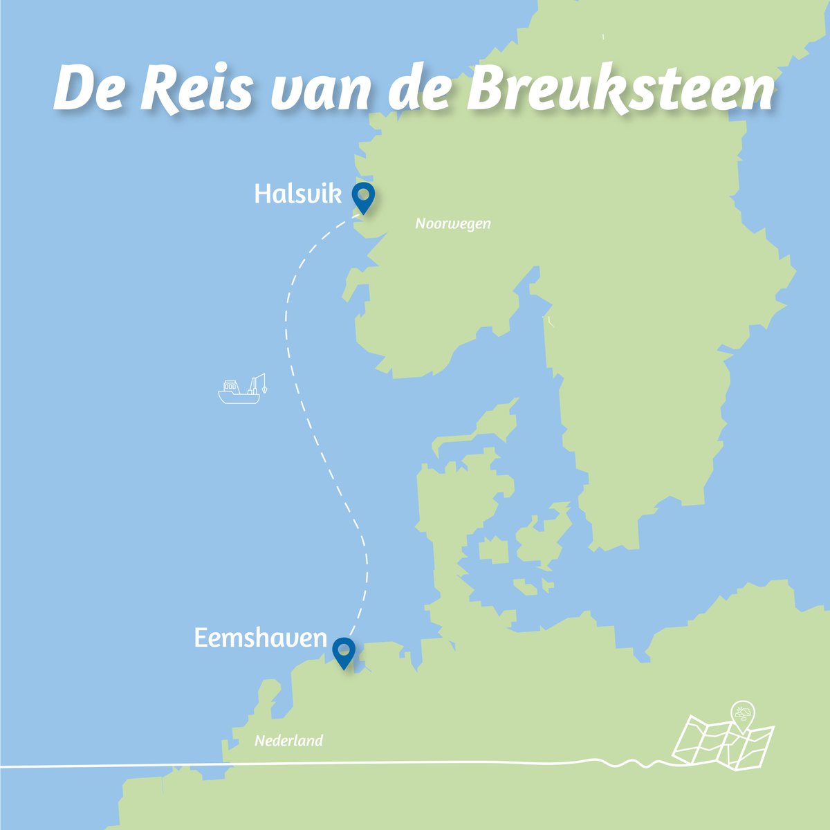 Voor de dijkversterking gebruiken we een specifieke soort steen: breuksteen. Deze stenen vind je niet in Nederland. Daarom vaart er zes weken lang elke week een schip (de Liamare) met breuksteen van Noorwegen naar Nederland. Hieronder zie je de #reisvandebreuksteen.