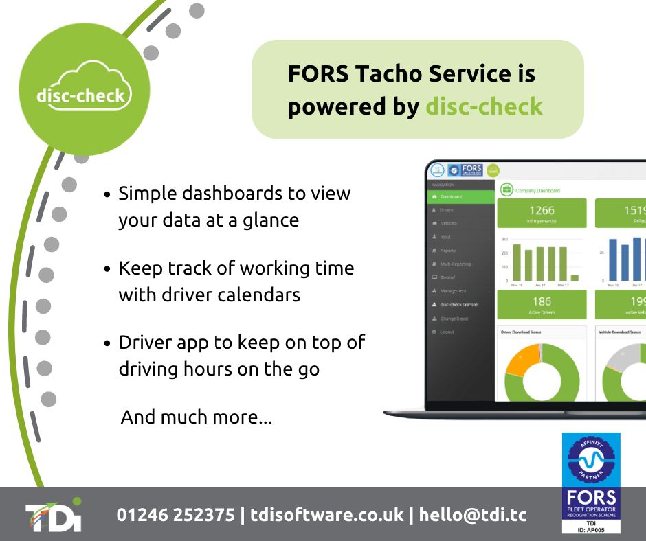TDiSoftware's tweet image. We work in partnership with @FORS_online to offer members access to FORS Tacho Service, to help with tachograph analysis and working time requirements. 
For more info go to bit.ly/42hQgoU or get in touch to arrange a free demo. 
#FORS #TachographAnalysis #WorkingTime