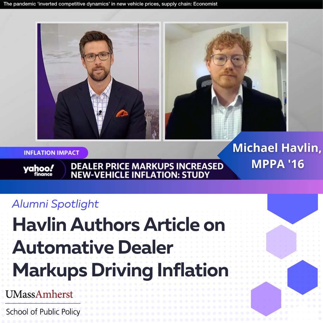 UMassPolicy's tweet photo. Michael Havlin MPPA '16 reveals how auto dealership markups drove consumer inflation in the COVID-19 economy. Read about his Bureau of Labor Statistics Monthly Labor Review article & WSJ/Yahoo Finance features. 🚗
➡️ https://t.co/CdZ5ON0Xuv.
#publicpolicy #spppride #alumni https://t.co/MpkCknPnZr