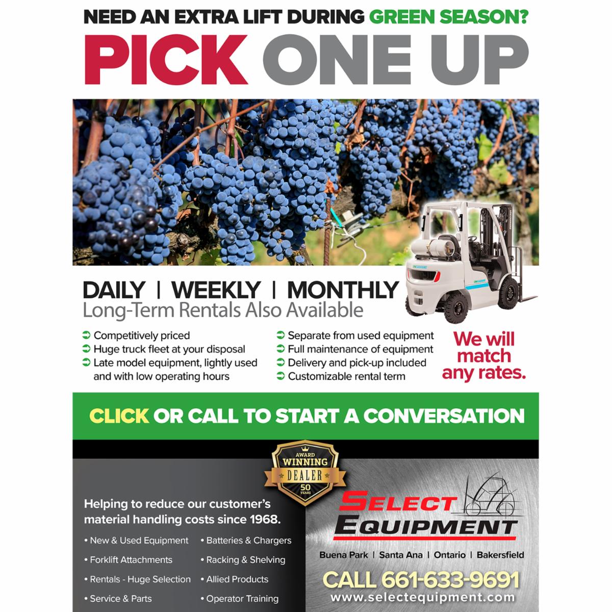 SelectEquip's tweet image. NEED AN EXTRA LIFT DURING GREEN SEASON?

Just give us a call at 661-633-9691 or visit selectequipment.com/forklift-renta…

Daily | Weekly | Monthly | Or Long-Term Rentals Available

#forlift #rental #GreenSeason #California #SanJoaquinValley #Bakersfield