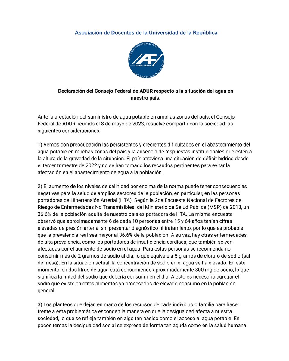 adur_udelar's tweet photo. #Urgente‼️ 
Nos pronunciamos ante problematica de #aguapotable. 

Es de carácter urgente garantizar y proteger el derecho al agua potable para toda la población. 

#derechoalaguapotable #agua https://t.co/0JphkhpUqy