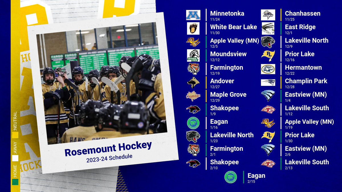 RosemountHockey's tweet photo. Here’s our schedule for the 2023-24 season!! Can’t wait to see y’all back in the rink this winter on 11/24 in Minnetonka for our season opener 🍀🏒
#BuildfromWithin https://t.co/Ux9lF6ruEm