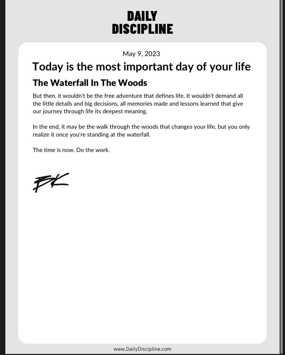 damon_a_smith's tweet photo. “In the end, it may be the walk in the woods that changes your life, but you only realize it once you are standing at the waterfall.”

Legendary.

A first ballot HOF post for the Daily Discipline Mount Rushmore 🔥

@briankight 👏🏼👏🏼👏🏼 

#trusttheprocess #findyourwaterfall https://t.co/6EmjJovPP7