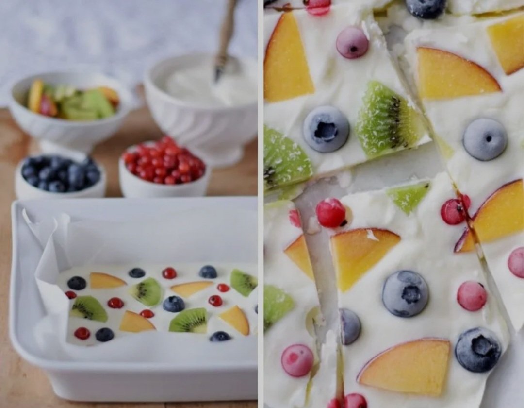 JulietJewly's tweet photo. Frozen Joghurt 
Backblech mit Backpapier belegen. Mit Joghurt bestreichen, mit Honig, Früchten und/oder Nüssen belegen und ab ins Gefrierfach. Lasst es euch schmecken! 

#snack #gesund #fitness #fitnessgirl https://t.co/2LUA5pW4JP