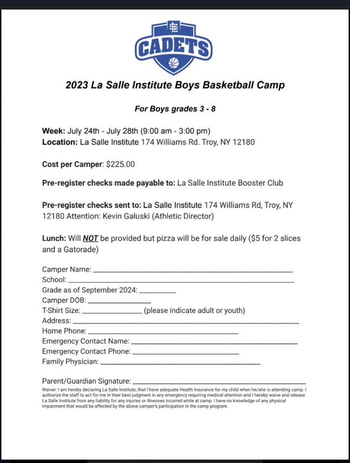 Camp flyer!!!! <a href="/lasallecbc/">La Salle Booster Club</a> <a href="/LSICadets/">La Salle Institute</a> website in bio!!!