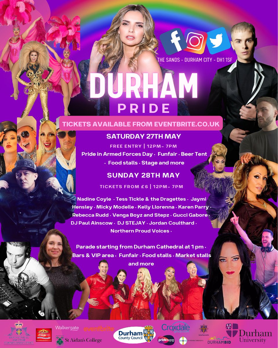 Durham_Pride's tweet photo. 10 years of Durham Pride and here's what we have for you for 2023! 

Tickets for the Sunday are here and are selling fast! We wish we had more space and once they're gone we can't guarantee pay on entry on the day. 
https://t.co/jiWXLyehau https://t.co/Dn8SMUFXOc