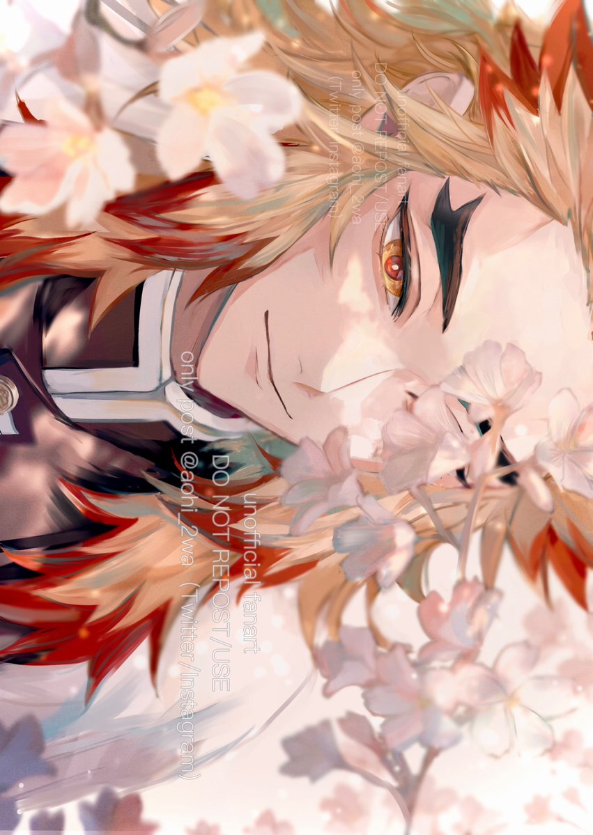 rengoku kyoujurou 1boy forked eyebrows male focus solo flower blonde hair red hair  illustration images