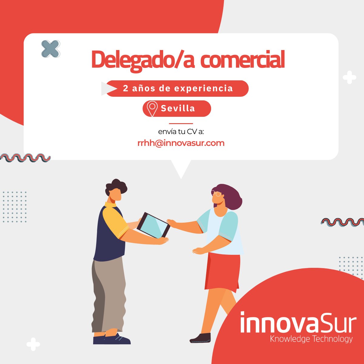 Innovasur's tweet photo. 🔴 [OFERTA DE EMPLEO] 🔴

📍 Si te encuentras en Sevilla o Almería y quieres desarrollar tu carrera como DELEGADO/A COMERCIAL en una empresa referente del sector TIC... ¡Te esperamos en InnovaSur!

➡ Sevilla: https://t.co/rM9dwaHA6D

#InnovaSur #Hiring #OfertaDeEmpleo #Empleo https://t.co/NZpRREXIgT
