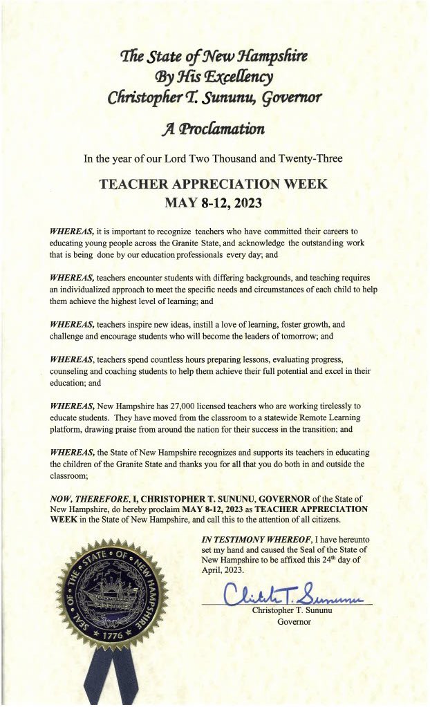 GovChrisSununu's tweet photo. New Hampshire's teachers are among the best of the best - they inspire new ideas, instill a love of learning, and set our kids on a path to success.

May 8-12 is officially Teacher Appreciation Week. Make sure to thank a teacher who has made an impact in your or your kid's life! https://t.co/jOCg9hlhzj