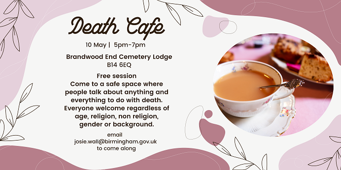 BrumYODO's tweet photo. We still have places for our @DeathCafe tomorrow evening at Brandwood End Cemetery Lodge. Come to a safe space where people talk about anything and everything to do with death between 5-7pm. Email josie.wall@birmingham.gov.uk and secure your place. #lifedeathbrum https://t.co/kvCz2y0hcw