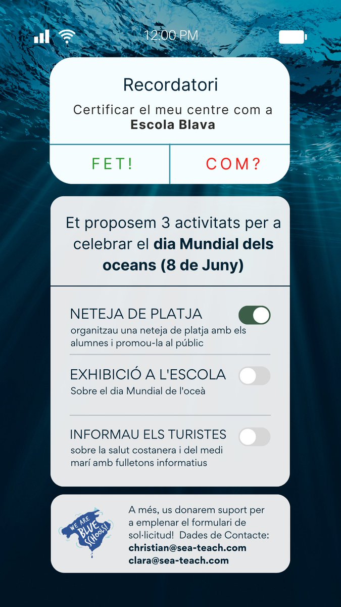Atenció centres escolars de Mallorca! Heu sol·licitat ja la vostra certificació com a Escola Blava? Si no és així teniu una nova oportunitat:

"El dia mundial de l’oceà (08/06)": Amb aquesta iniciativa podeu realitzar una de les següents 3 activitats i obtenir el certificat: