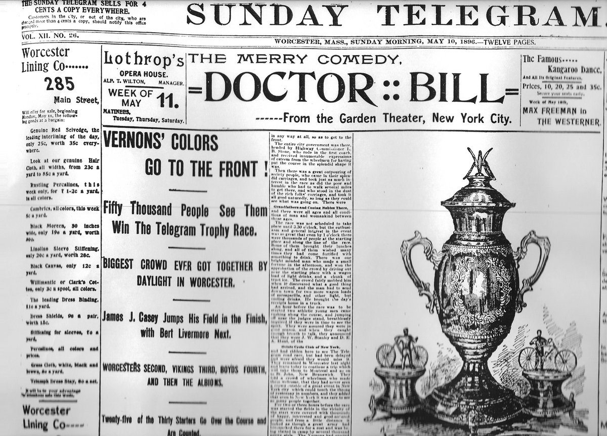 MajorTaylor99's tweet photo. #OTD May 9, 1896: Major Taylor, 17, of Albion Cycle Club held his own in 10-mile Telegram road race. Page 1 next day: "Worcester never before saw such a crowd." James Casey of local Vernon Bicycle Club won the trophy. (Casey later was a @WorcesterPD detective.) #honorMajorTaylor https://t.co/IwoTDeAlOi