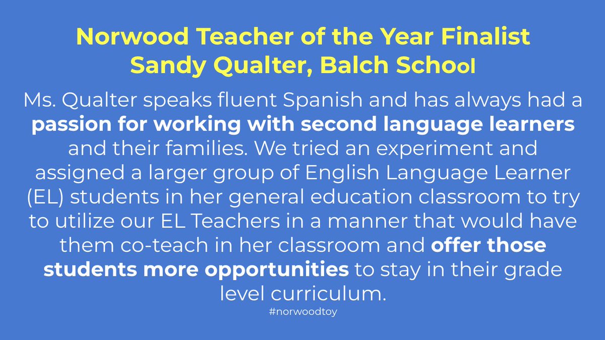 Congratulations to Sandy Qualter, a teacher at the Balch School and the third finalist nominated for the 2023 Norwood Teacher of the Year Award. She is the second Balch teacher to be named a finalist, joining Diana Martucci. #norwoodtoy <a href="/Balchbears1/">Diane Ferreira</a> <a href="/NorwoodSchools/">NPS</a>