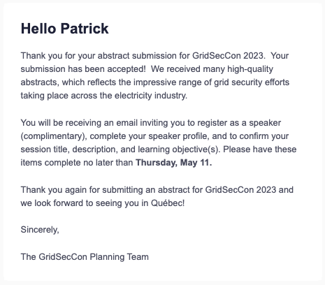 PKELLEY2600's tweet image. I&apos;m beyond thrilled to share that I&apos;ve been selected for #GridSecCon in Quebec City! 

More details coming soon!