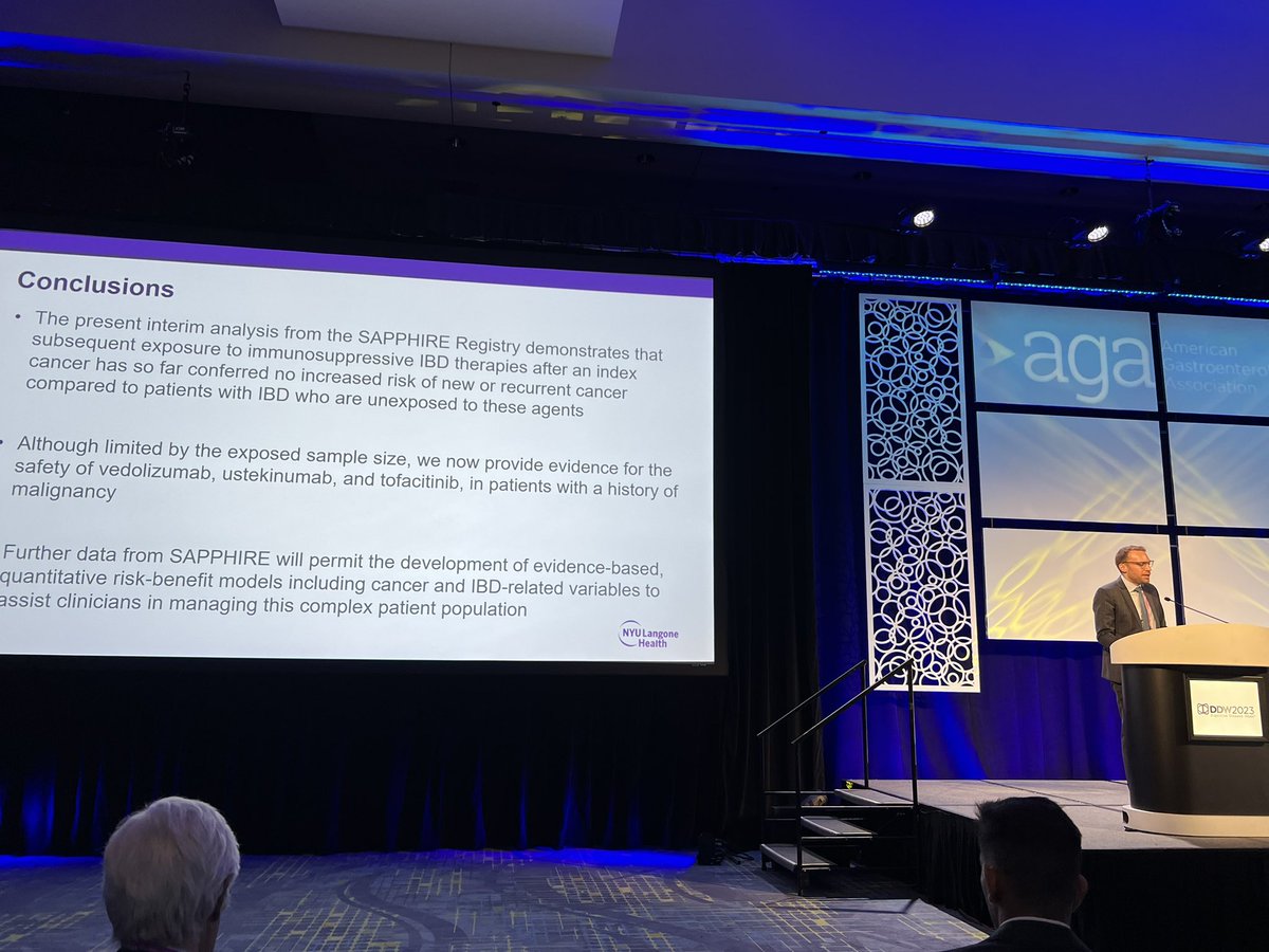 DavidHudesmanMD's tweet photo. @DrJordanAxelrad moderating and presenting at #DDW23. Immunosuppression does not seem to  increase new or recurrent cancers in #IBD patients. @nyulangone @nyugrossman @shannonchangmd https://t.co/Dx2I1tp6lk
