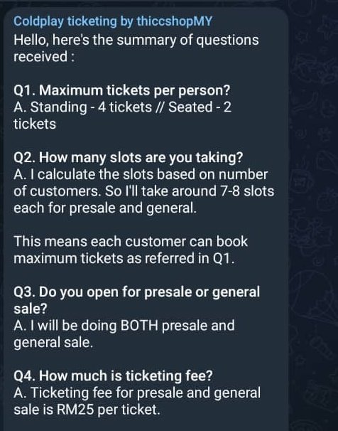 thiccshopMY's tweet photo. Hello!

Here's a compilation of the questions I've received regarding Coldplay ticketing. Please reply below if you have any further inquiries (won't be opening new dms for now)
#TSOxUpdates https://t.co/3NWJ0Jlvuf