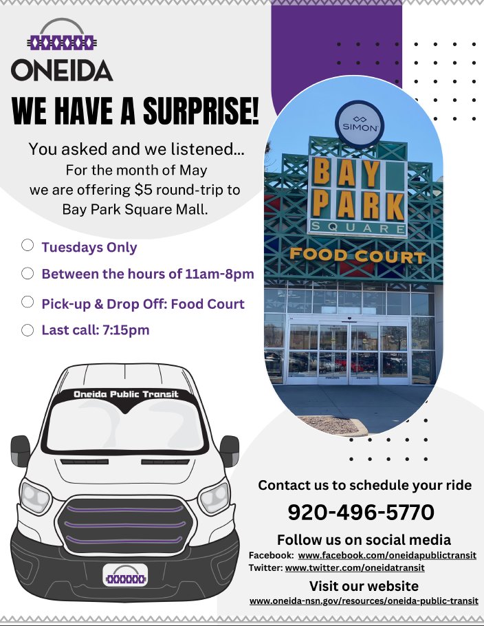 We are running a promotion for the month of May! $5 round-trips to Bay Park Square Mall in Green Bay. Give us a call at 920-496-5570 to schedule your ride! #publictransportation #oneidapublictransit