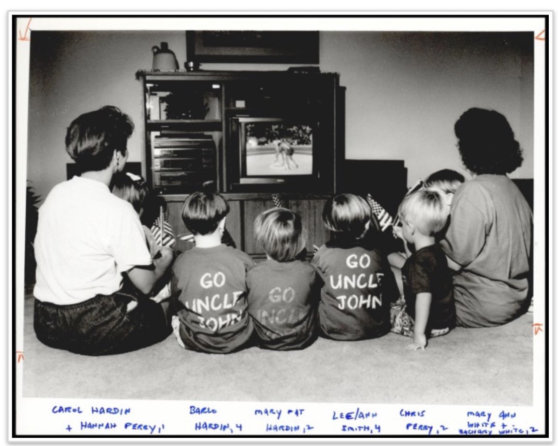 Seth_Duckworth's tweet photo. The Smith family watching John wrestle at the 1992 Olympics. @chrisperry174 and @LeLe_Coop over on the right. https://t.co/722hsJVDSt
