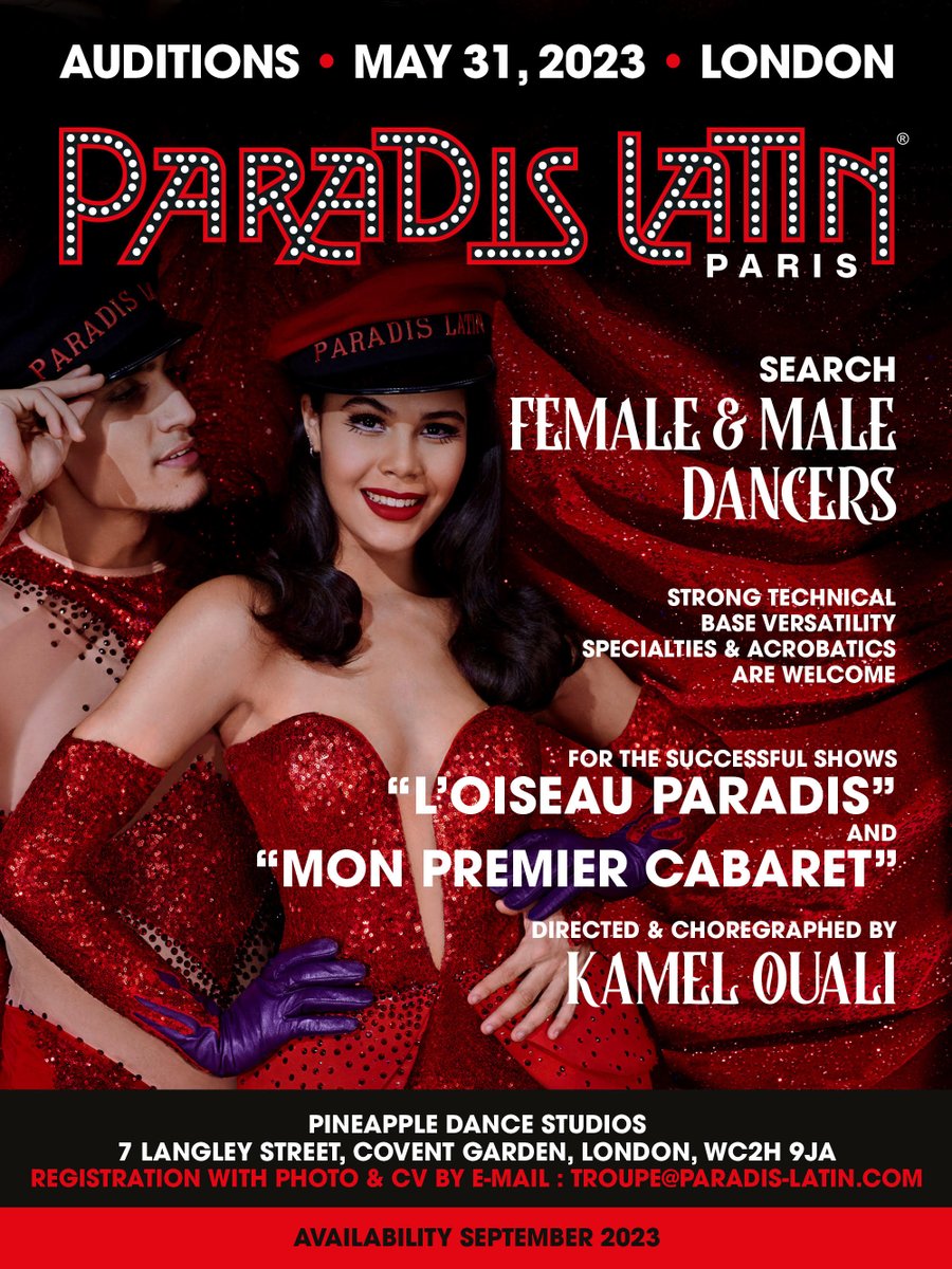 Paradis_Latin's tweet image. 🔍💃🕺 #Auditions #AuditionAlert #Casting #CastingCall
AUDITIONS • MAY 31, 2023 • LONDON

The Paradis Latin is seeking female &amp;amp; male dancers for the successful parisian shows "L'Oiseau Paradis" and “Mon Premier Cabaret”.

Auditioning info below 👇