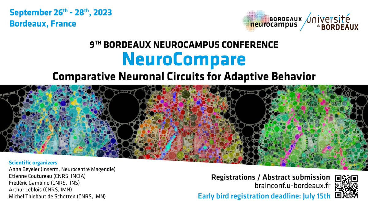 Neuro_Bordeaux's tweet photo. 📢The program for our #brainconf Neurocompare (Comparative Neuronal Circuits for Adaptive Behaviour) is finalised! 
We are waiting for you on September 26th to 28th!
Registration and abstract submission: 
https://t.co/9CHgdXCj9d https://t.co/1qa6WGAzFI