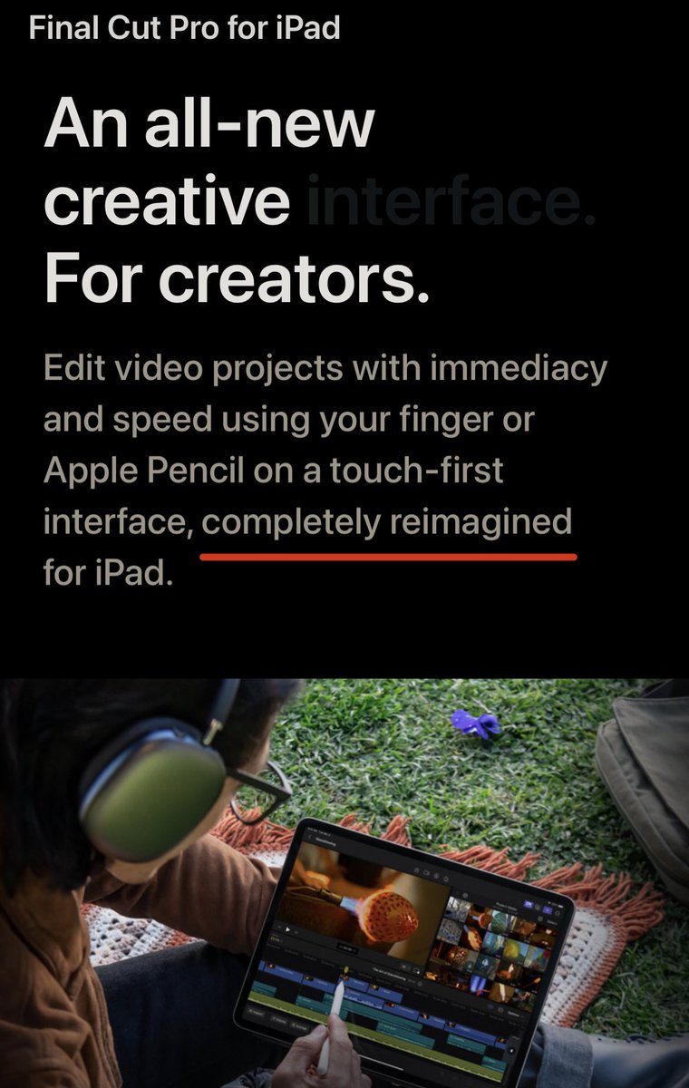 So #fcpx for iPad is a whole new UI, not the desktop app running on the iPad. Looks very interesting in how they approached things like the need to do precise edits with touch via the jog wheel. apple.com/final-cut-pro-…