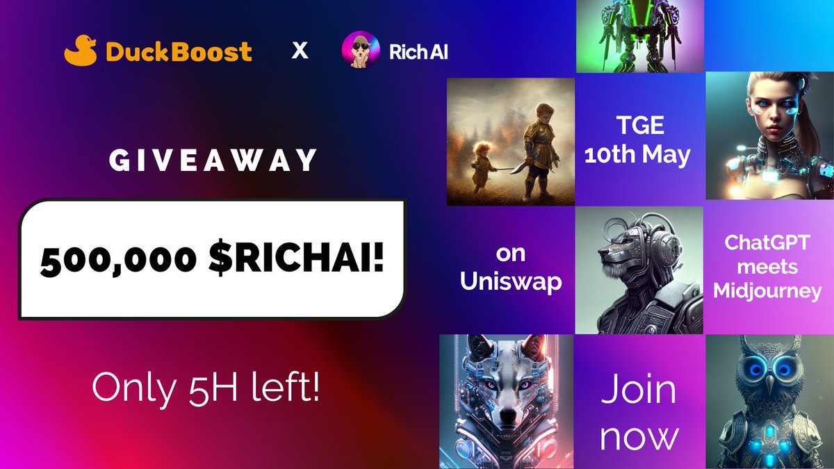 dao_duck's tweet photo. ⏰The clock is ticking! Join the RichAI campaign now to receive your #airdrop and a chance to win a share of 500k $RichAI . Don't wait - only 5 hours left!

How to Enter:  
✔️Follow: @richaiApp & @dao_duck
✔️Like and RT this tweet 
✔️Fill the Form: https://t.co/7OGdpXpRKu

 #crypto #blockchain #Airdrops #meme